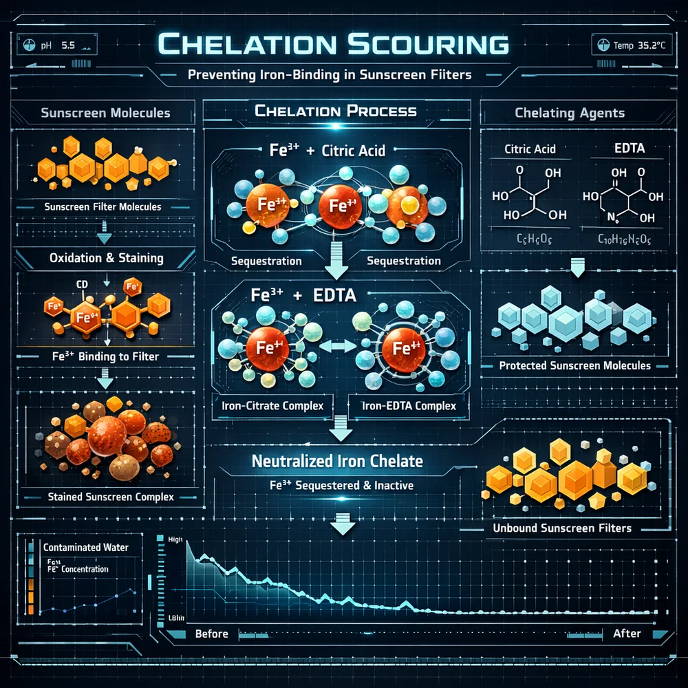 Technical diagram of 'Chelation Scouring'. illustrates how citric acid or EDTA molecules sequester iron ions, preventing them from bonding with sunscreen filters. Engineering schematic, data-driven visualization, high-tech interface.