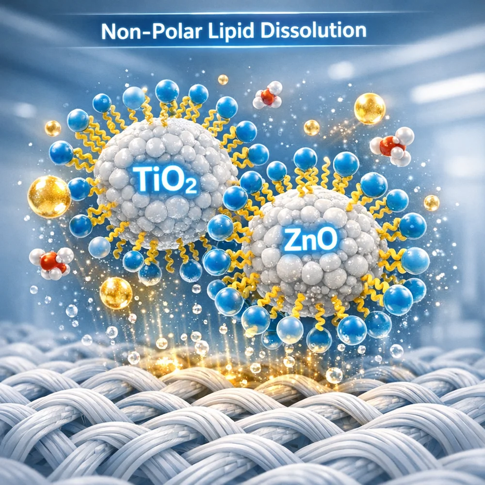 Molecular representation of 'Non-Polar lipid dissolution'. shows surfactants surrounding and lifting titanium dioxide and zinc oxide particles from the fabric mesh. High-tech medical animation style, glowing oxidative particles, clean lab aesthetic.