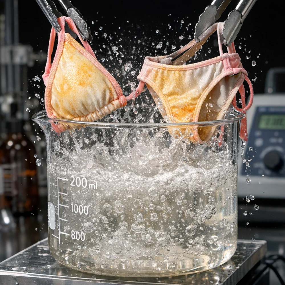 Laboratory photograph of 'UV-Filter Extraction'. shows a sunscreen-stained bikini being restored in a specialized acidic wash bath. High-speed scientific capture, sharp focus, professional lighting.