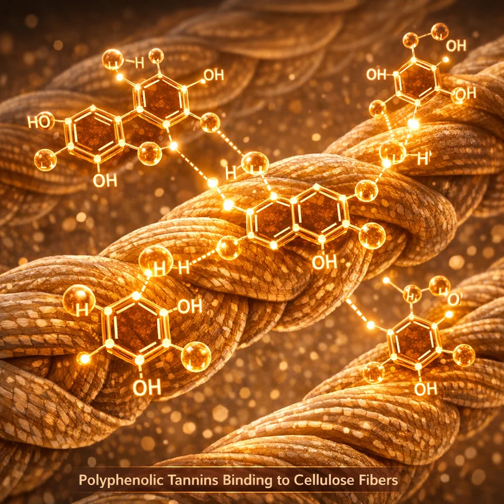Molecular visualization of 'Polyphenolic Tannins' (Tea and Coffee). shows the ringed molecules bonding via hydrogen bridges to cellulose fibers. High-tech scientific rendering, glowing chemical bonds, clinical amber aesthetic, 8k.