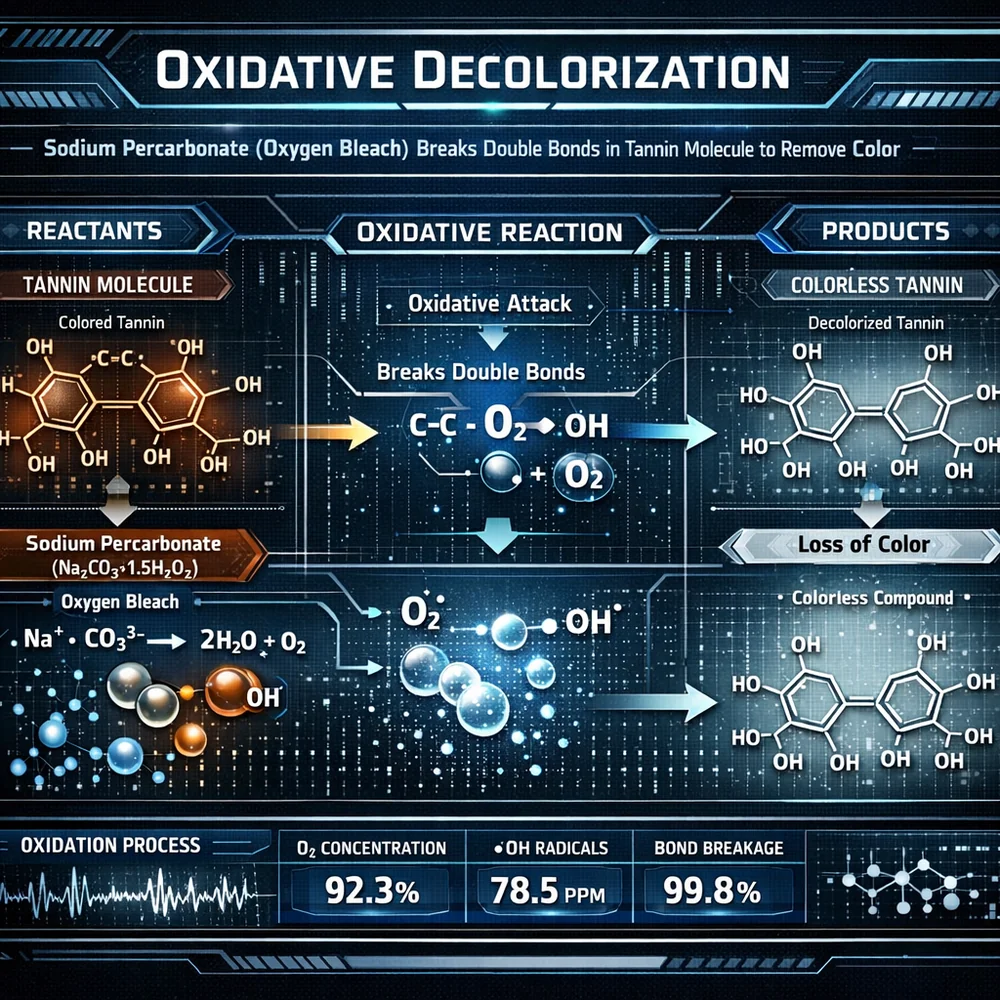 Technical diagram of 'Oxidative Decolorization'. illustrates how sodium percarbonate (oxygen bleach) breaks the double bonds in a tannin molecule to remove its color. Engineering schematic, data-driven visualization, high-tech interface.