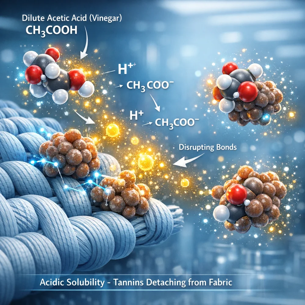 Molecular representation of 'Acidic Solubility'. shows how dilute acetic acid (vinegar) ions disrupt the bonding of tannins to fabric. High-tech medical animation style, glowing oxidative particles, clean lab aesthetic.