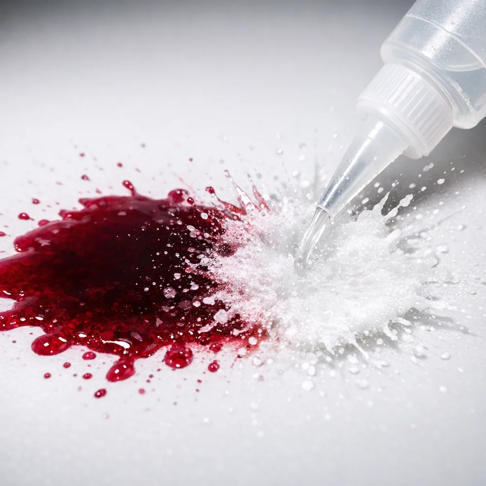 Laboratory photograph of 'Tannin Extraction Success'. shows a deep red wine stain disappearing instantly when contacted by a specialized tannin-remover. High-speed scientific capture, sharp focus, professional lighting.