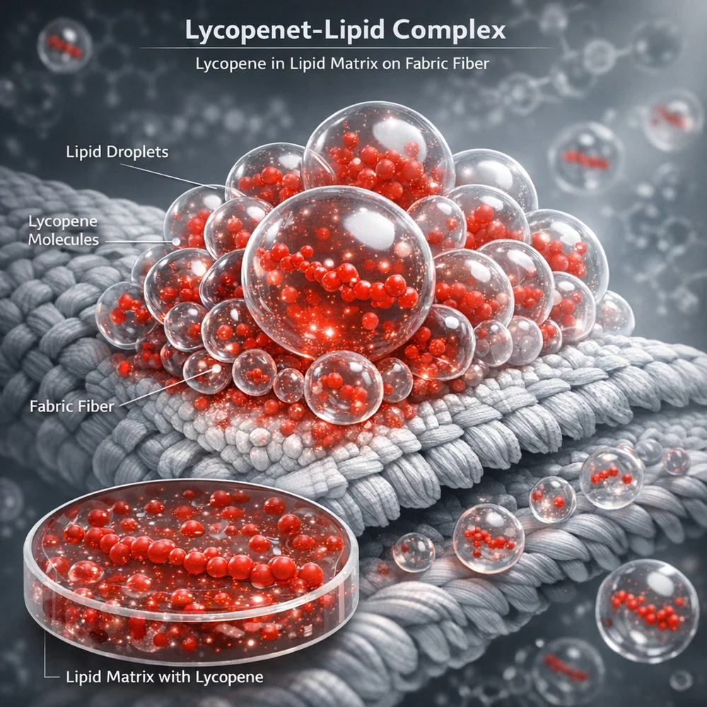 Scientific 3D model of 'Lycopent-Lipid Complex'. shows the red carotenoid pigment (lycopene) dissolved within a grease matrix on a fabric fiber. High-tech medical visualization, clinical grey and red hues, 8k.