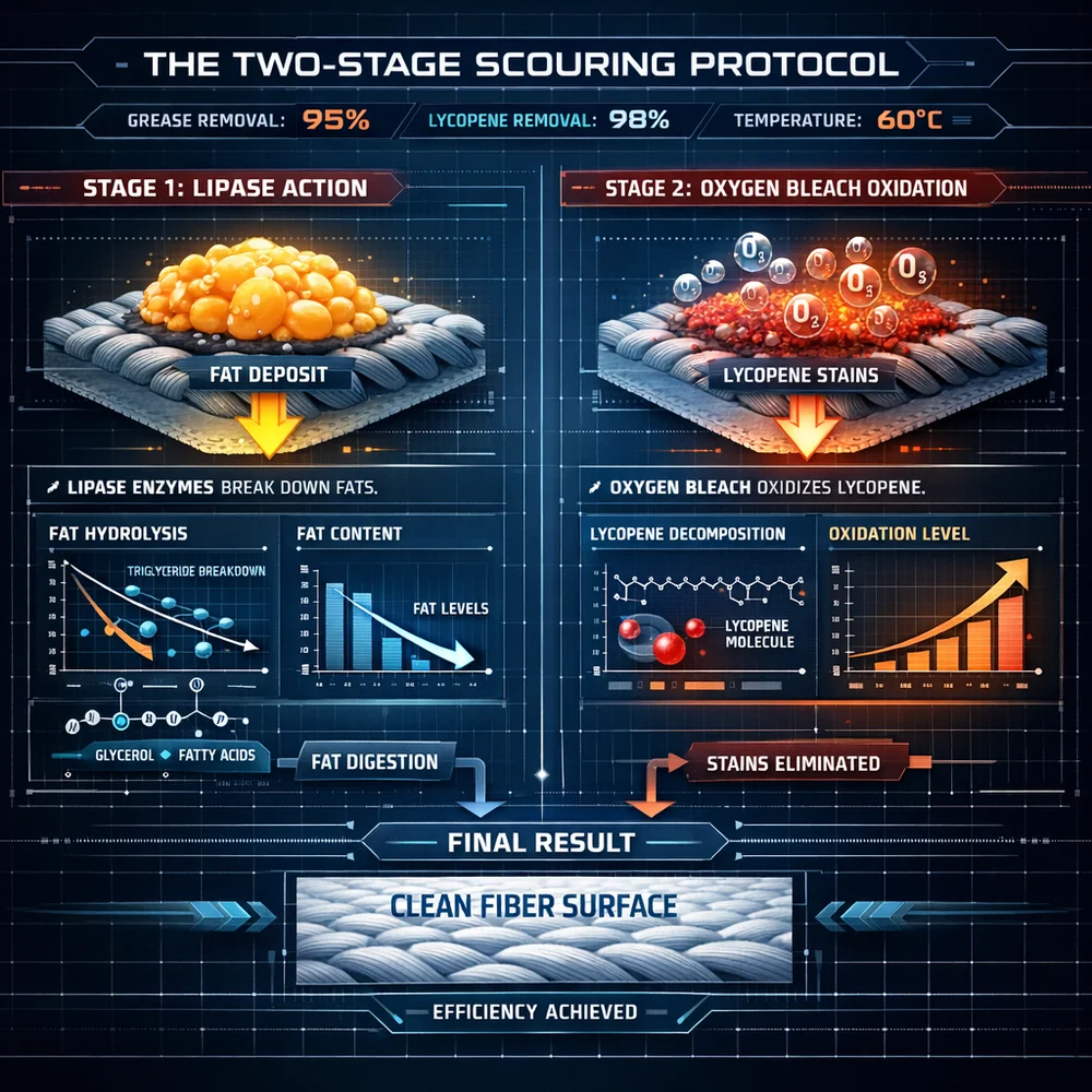 Technical diagram of 'The Two-Stage Scouring Protocol'. illustrates Lipase attacking the fat first, followed by Oxygen Bleach oxidizing the lycopene. Engineering schematic, data-driven visualization, high-tech interface.