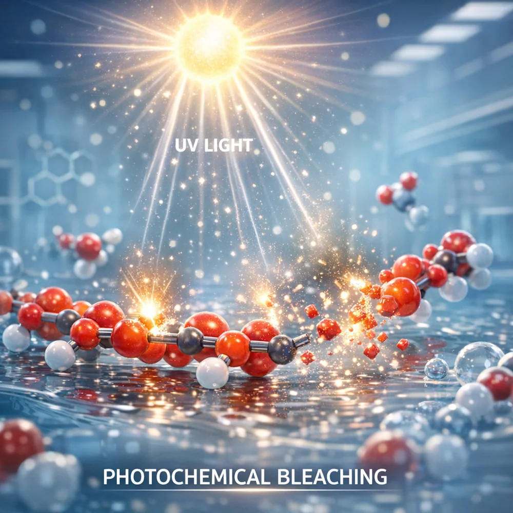 Molecular representation of 'Photochemical Bleaching'. shows energy from UV light (sunlight) breaking down the remaining lycopene molecules after a wash. High-tech medical animation style, glowing light particles, clean lab aesthetic.
