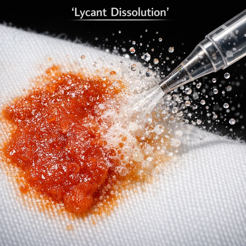 Laboratory photograph of 'Lycant Dissolution'. shows a tomato sauce stain on a white cloth being restored through targeted emulsification. High-speed scientific capture, sharp focus, professional lighting.