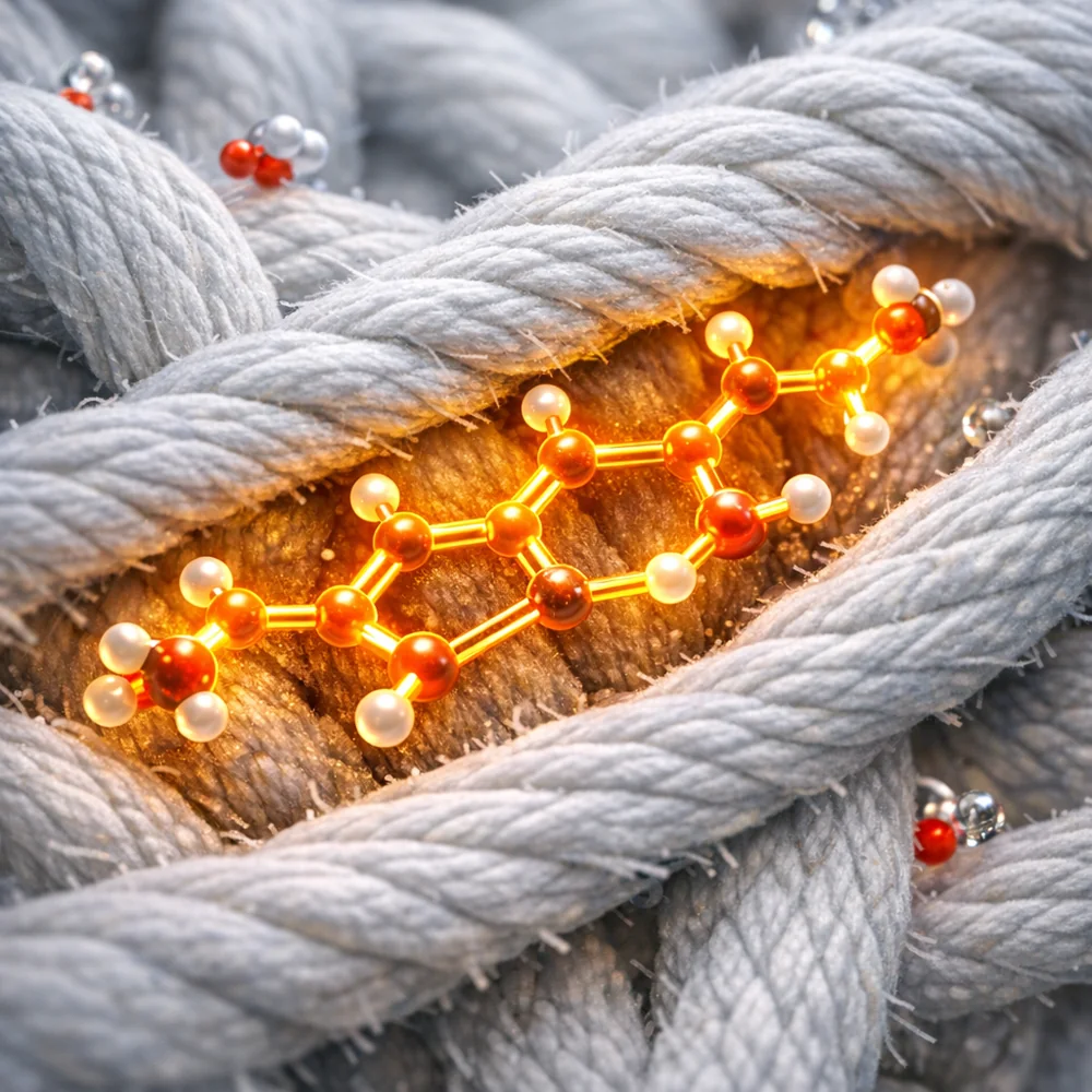 Molecular visualization of 'Curcumin' (Turmeric pigment). shows the intensely hydrophobic polyphenolic molecule bonding deep within the fibers of a cotton cloth. High-tech scientific rendering, glowing yellow/orange bonds, clinical aesthetic, 8k.