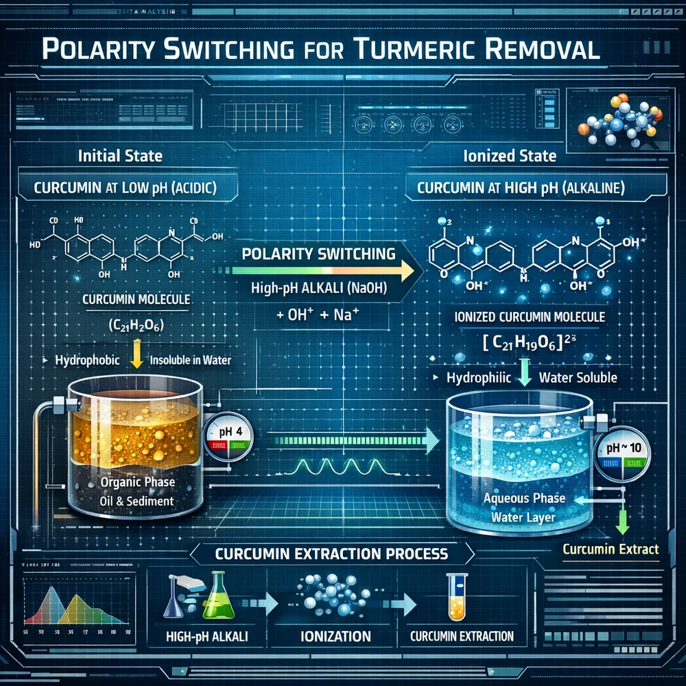 Technical diagram of 'Polarity Switching' for turmeric removal. illustrates how ionizing the curcumin molecule with high-pH alkali makes it water-soluble for extraction. Engineering schematic, data-driven visualization, high-tech interface.