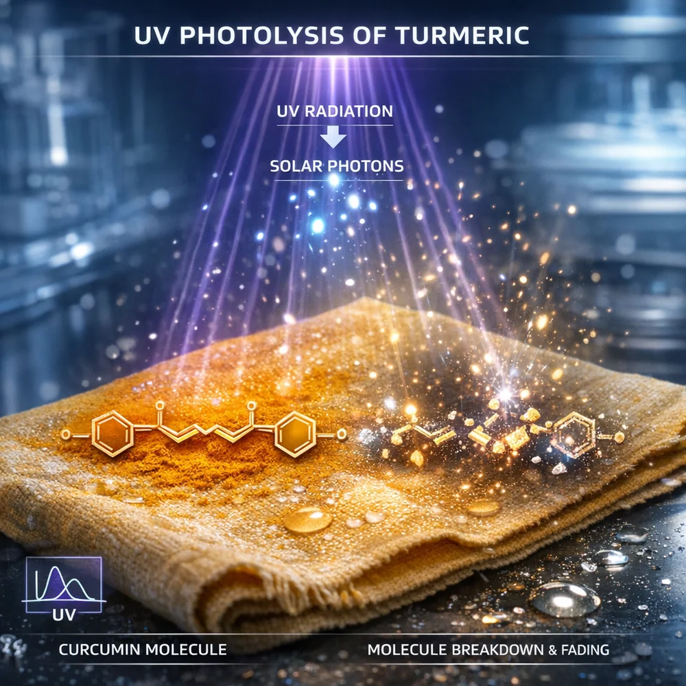 Scientific visualization of 'UV Photolysis' of turmeric. shows solar photons attacking and fading the curcumin molecule on a damp cloth. High-tech medical animation style, glowing light particles, professional lab aesthetic.