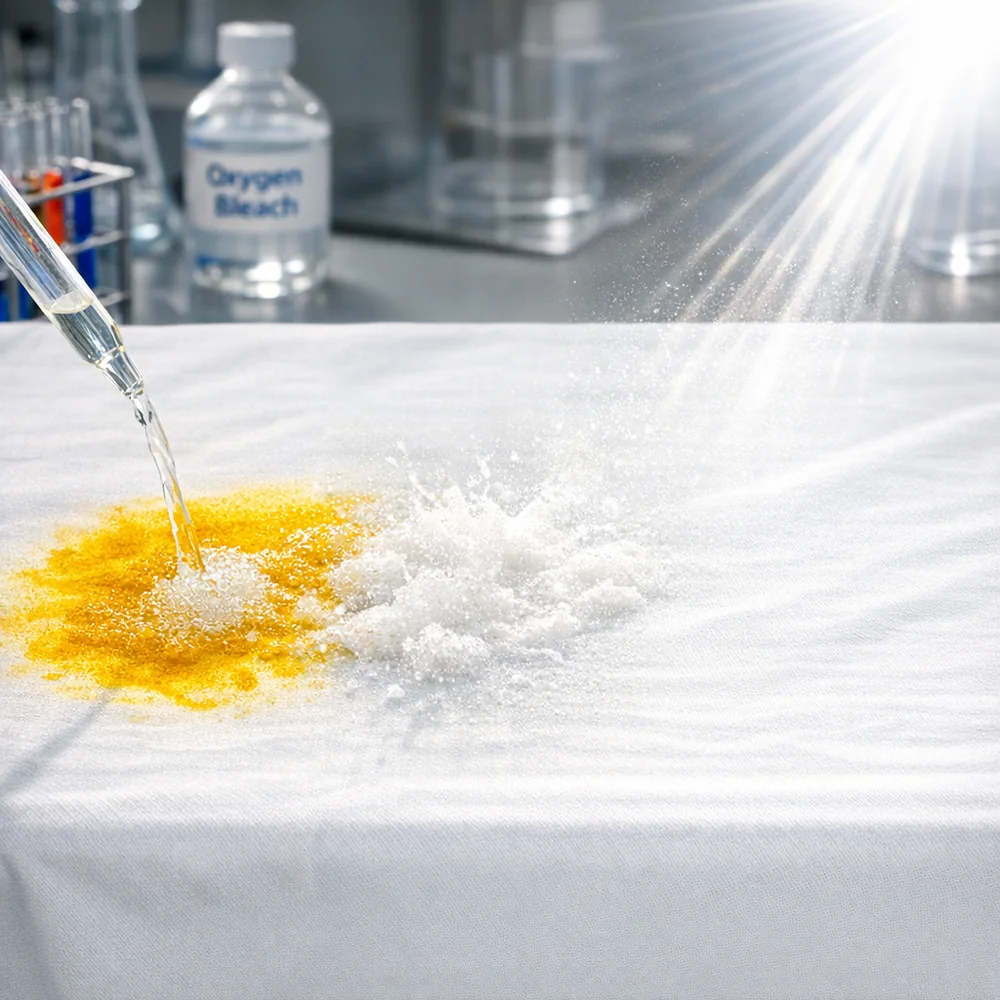 Laboratory photograph of 'Curry Stain Restoration'. shows a bright yellow stain on a white tablecloth being bleached to 100% white using oxygen bleach and sunlight. High-speed scientific capture, professional lighting, photorealistic.