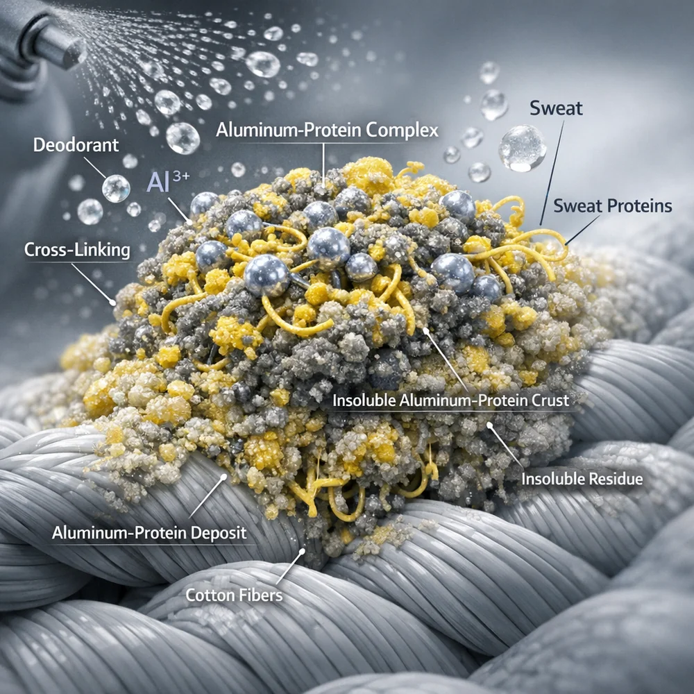 Scientific 3D model of 'Aluminum-Protein Complex'. shows aluminum salts from deodorant cross-linking with sweat proteins to form an insoluble yellow/grey crust on cotton. High-tech medical visualization, clinical grey and yellow hues, 8k.