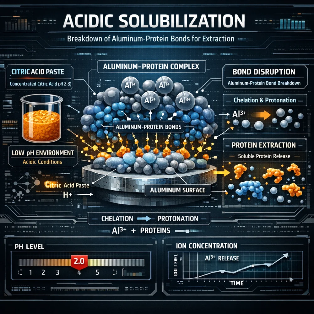 Technical diagram of 'Acidic Solubilization'. illustrates how a concentrated citric acid paste breaks the aluminum-protein bonds for extraction. Engineering schematic, data-driven visualization, high-tech interface.