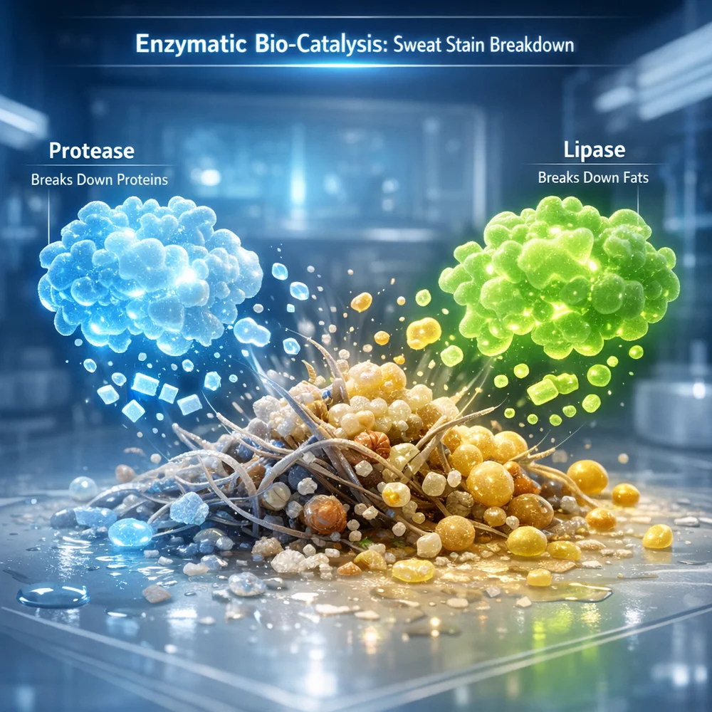 Molecular representation of 'Enzymatic Bio-Catalysis' for sweat stains. shows Protease and Lipase enzymes digesting the biological matrix of the stain. High-tech medical animation style, glowing enzymes, clean lab aesthetic.