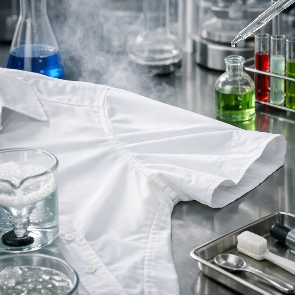 Laboratory photograph of 'Stain Restoration success'. shows the yellow armpit zone of a white shirt restored to pristine condition using a multi-step chemical protocol. High-speed scientific capture, professional lighting, photorealistic.