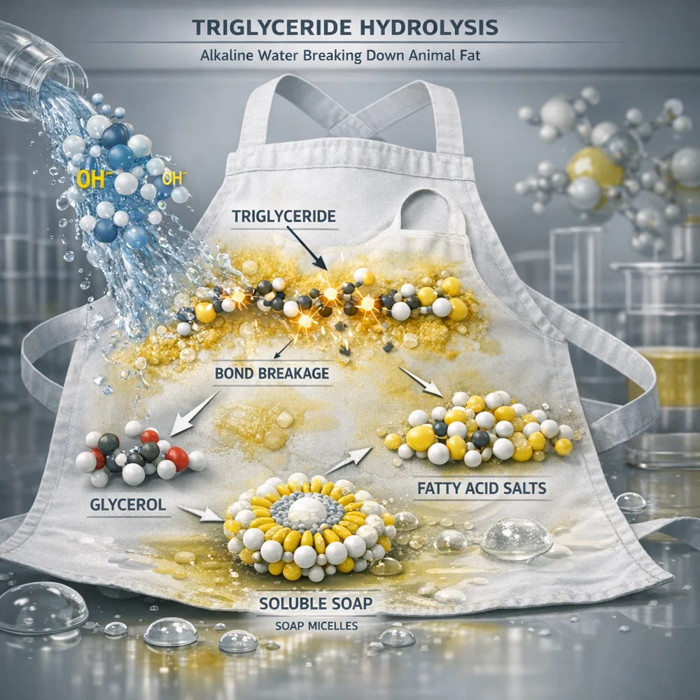 Scientific 3D model of 'Triglyceride Hydrolysis'. Shows high-alkali water breaking the chemical bonds of animal fat on a cotton apron, turning it into soluble soap. High-tech medical visualization, clinical grey and yellow hues, 8k.