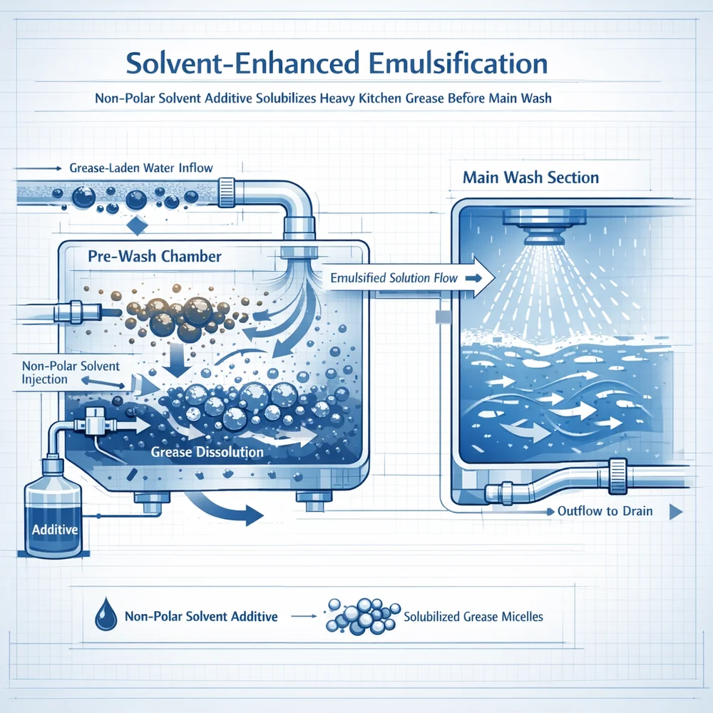 Technical diagram of 'Solvent-Enhanced Emulsification'. illustrates how a non-polar solvent additive solubilizes heavy kitchen grease before it reaches the main wash. Engineering schematic, fluid dynamics, clinical blue aesthetic.