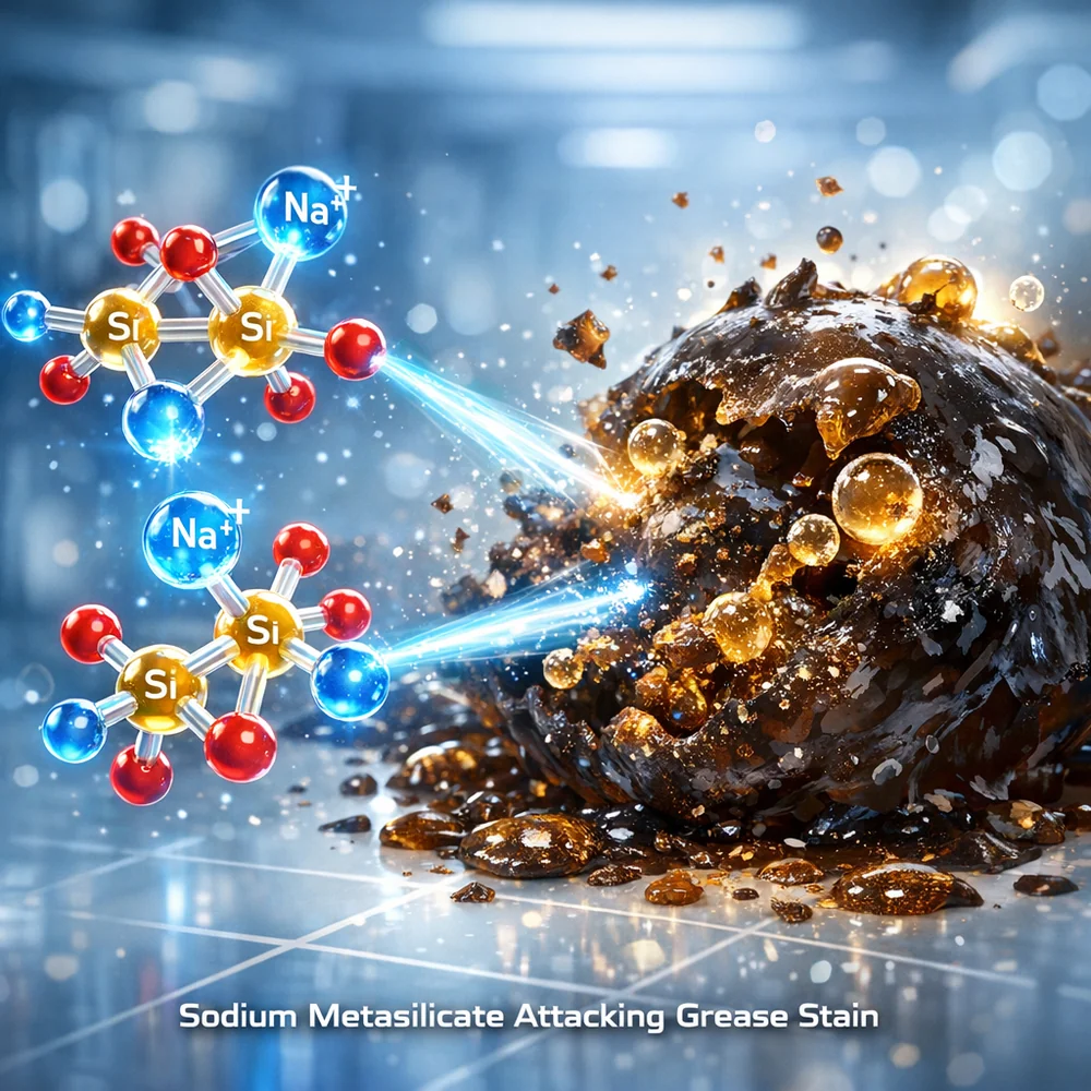 Molecular representation of 'Alkali Break' surfactants. Shows sodium metasilicate molecules aggressively attacking a grease stain. High-tech medical animation style, glowing chemical particles, clean lab aesthetic.