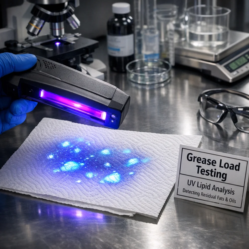 Laboratory photograph of 'Grease Load Testing'. shows a clean kitchen towel being analyzed for residual lipids using a specialized UV light. technical optics visualization, professional lighting, photorealistic 4k.