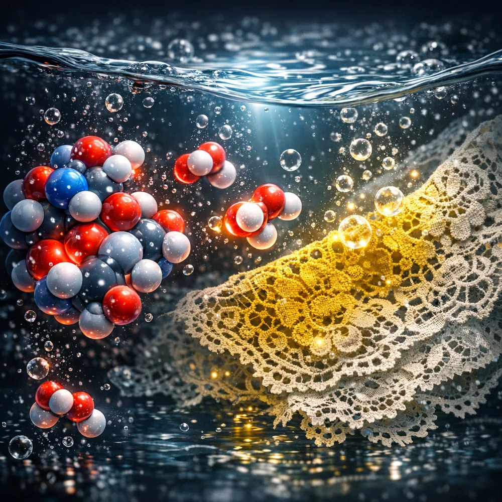 Molecular visualization of 'Sodium Percarbonate' releasing hydrogen peroxide (H2O2) in water to oxidize yellow chromophores in a vintage lace. Glowing 3D molecular structures, dark clinical background, high-contrast.
