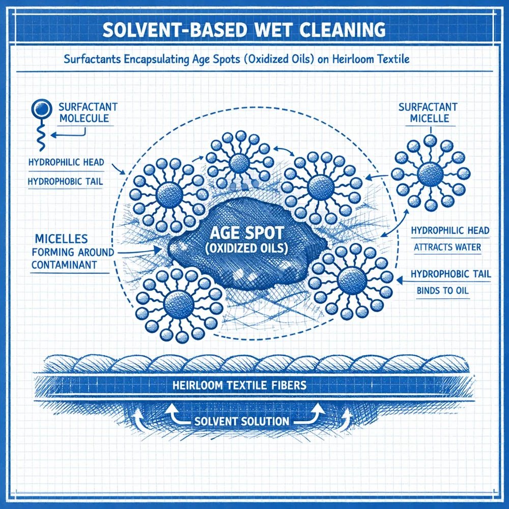 Technical diagram of 'Solvent-Based Wet Cleaning'. Shows specialized surfactants surrounding non-polar age spots (oxidized oils) on an heirloom textile. Engineering blueprint style with micelle markers, clinical white and blue.