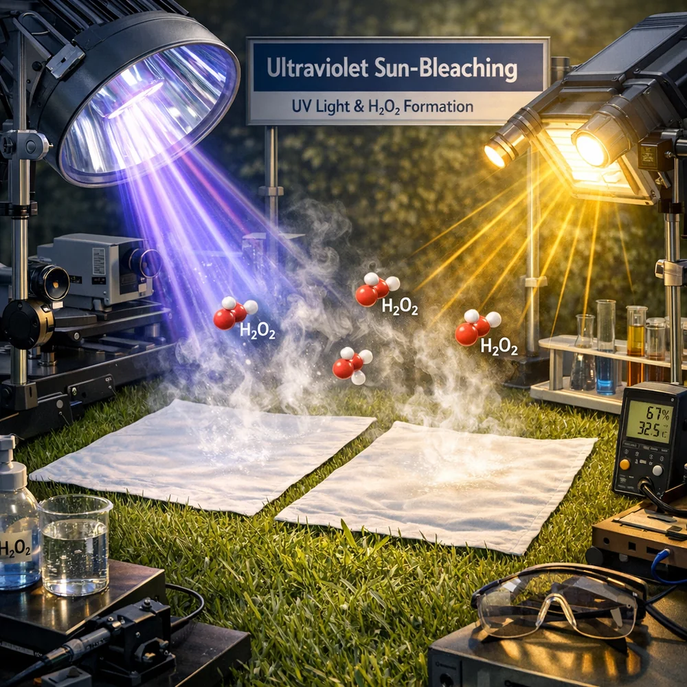 Laboratory setup of 'Ultraviolet Sun-Bleaching' on grass. Shows white linens laid flat with water moisture evaporating, generating trace hydrogen peroxide for whitening. technical optics visualization, professional lighting, 4k.