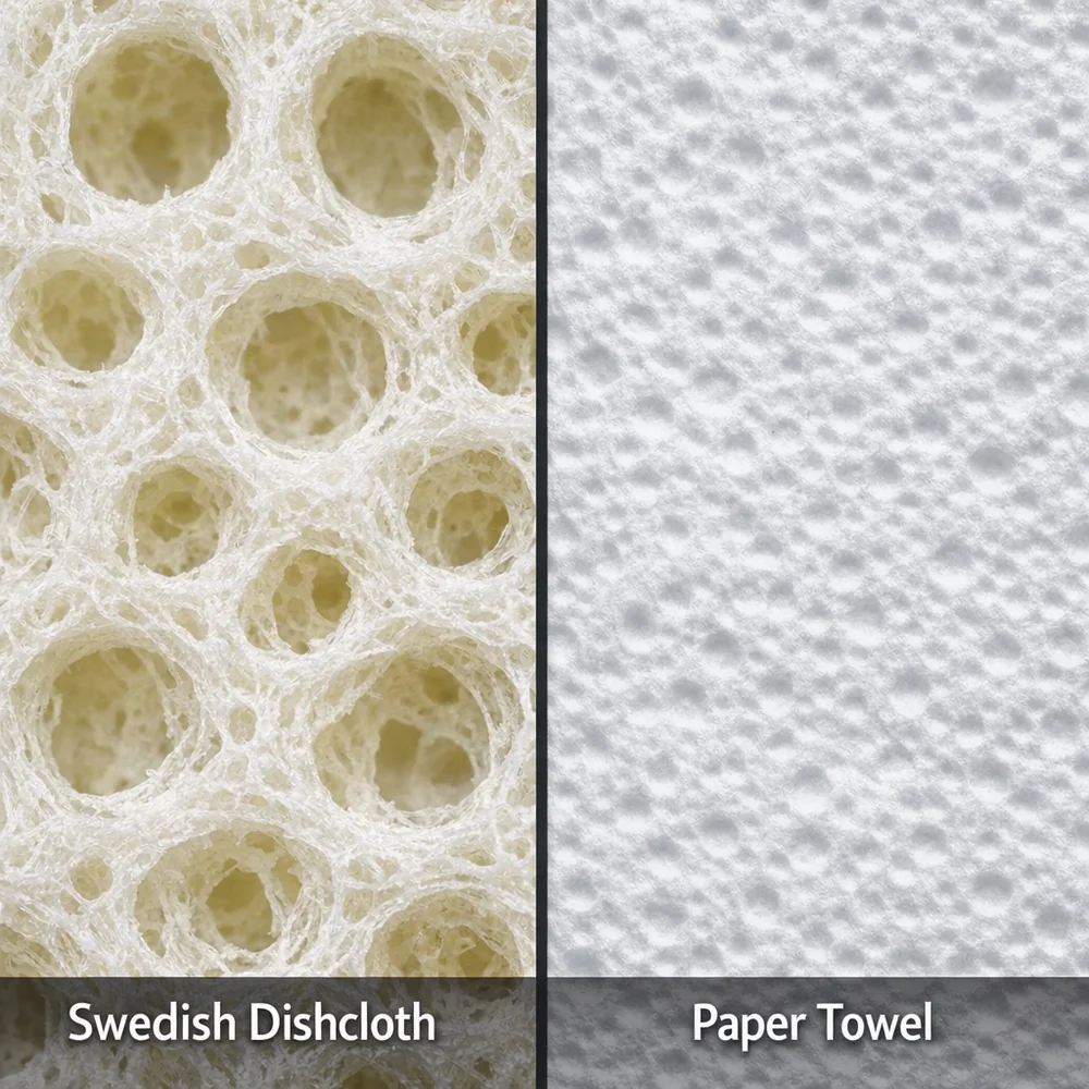 Macro photography of the textured surface of a Swedish dishcloth vs a conventional paper towel. Highlighting the larger pore structure of cellulose. Scientific contrast.