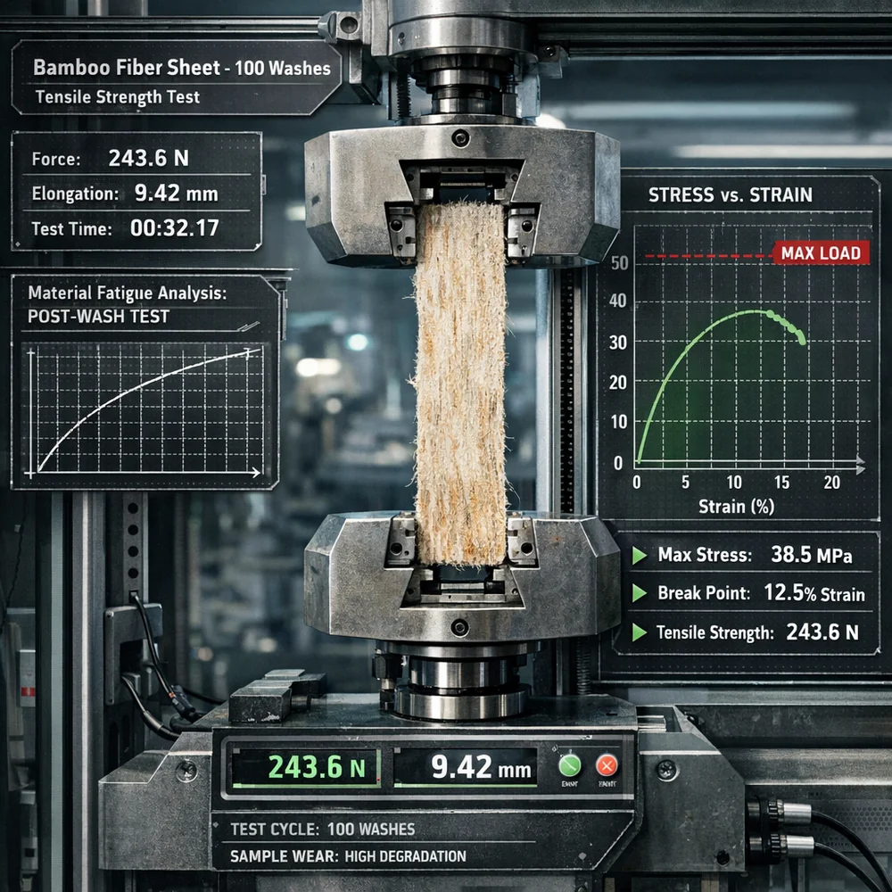 A specialized laboratory machine testing the tensile strength of a bamboo fiber sheet after 100 washes. Engineering data overlay, industrial aesthetic.