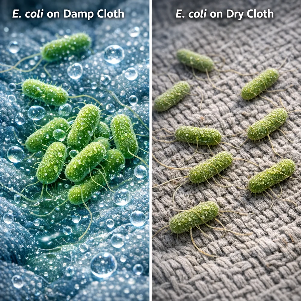 Microscopic view of E. coli colonies on a damp cloth vs a dry cloth. High-tech biological rendering, clinical diagnostic aesthetic, 8k.