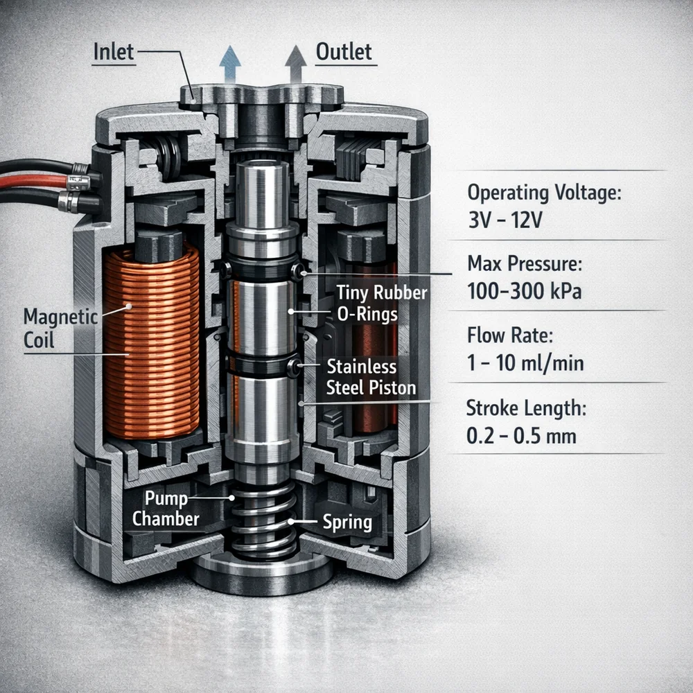 Engineering cross-section of a solenoid micro-pump. Visible magnetic coil, stainless steel piston, and tiny rubber O-rings. Industrial design aesthetic, technical data overlay, sharp focus.