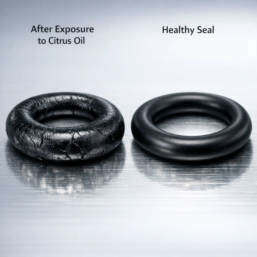 Macro view of a Nitrile rubber (NBR) seal showing significant swelling and deformation after exposure to citrus oil. Comparison with a healthy seal. Clinical lighting, professional laboratory photography.