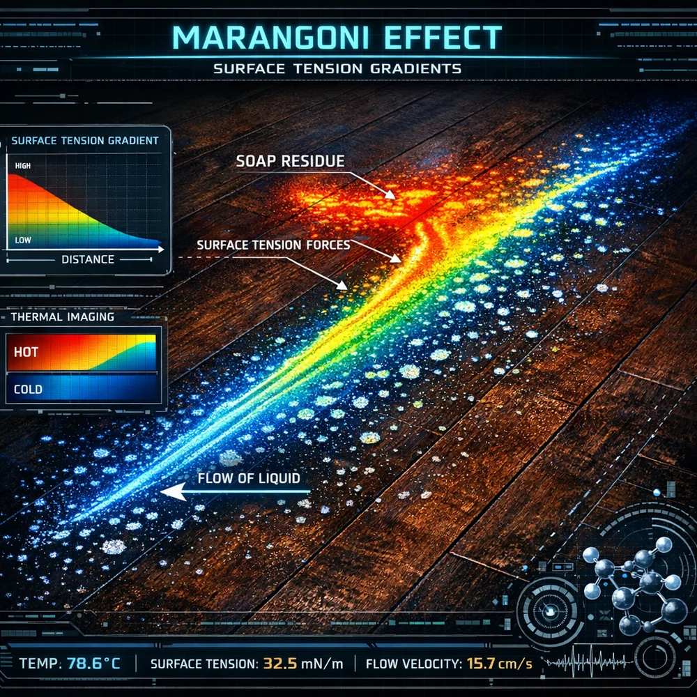 Scientific visualization of the Marangoni Effect: surface tension gradients pulling liquid and soap residue into a distinct streak pattern on a dark wood floor. High-tech interface, thermal imaging colors.