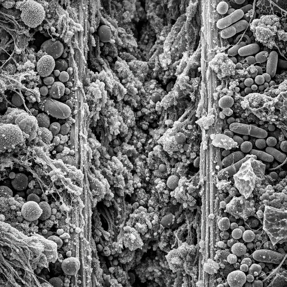 Microscopic view of enzymatic sludge and bacterial biofilm clogging internal 1mm fluid channels. High-contrast clinical imagery, technical detail, 8k resolution.