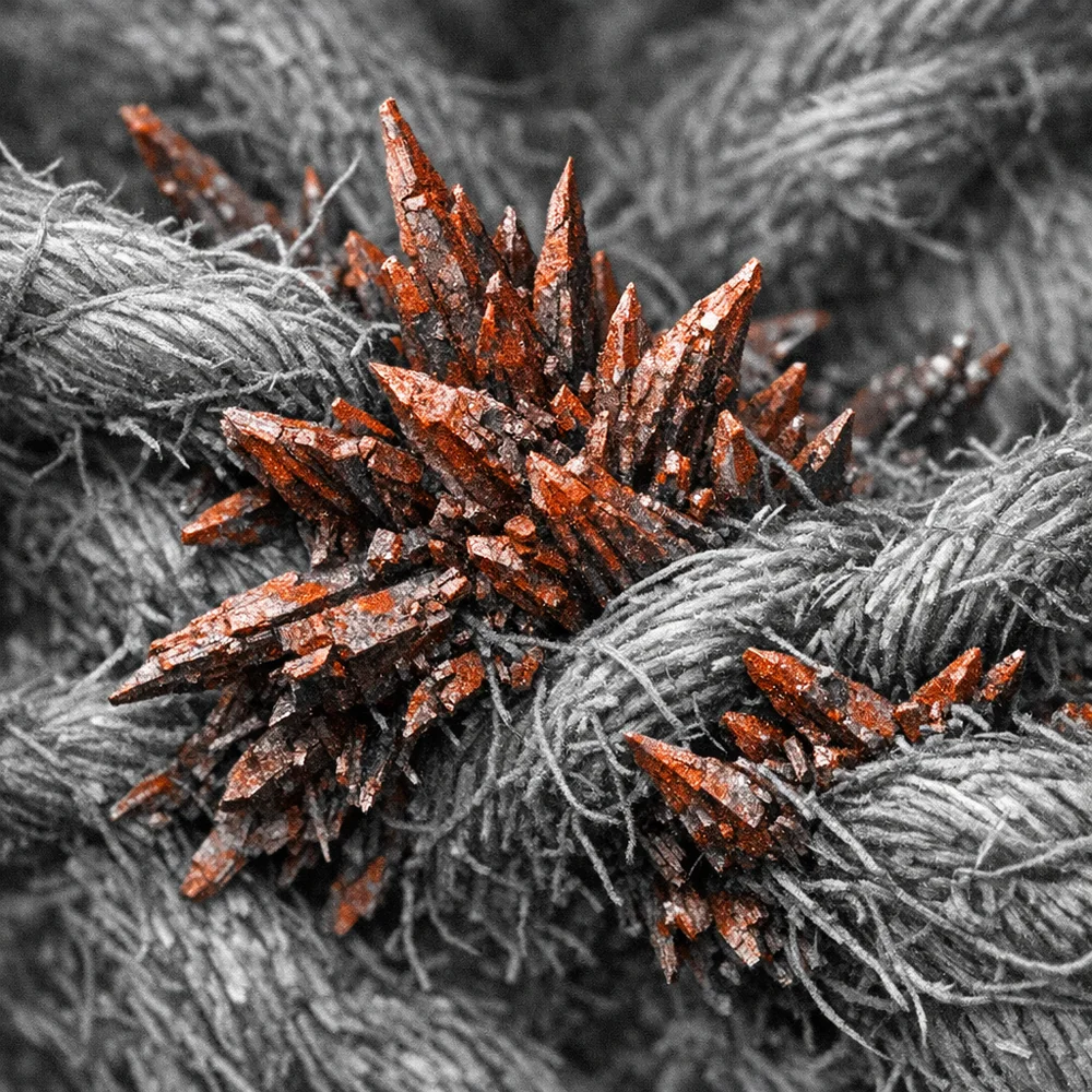 Microscopic view of 'Iron Oxide' (Rust) crystals interlocking with fabric fibers. shows the jagged, needle-like mineral structure bonding to the cellulose. Scientific monochrome aesthetic with rust-red highlights, 8k resolution.