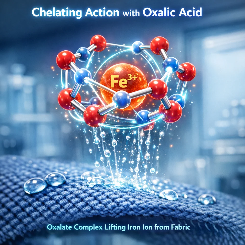 Molecular visualization of 'Chelating Action' with Oxalic Acid. shows oxalate ions forming a soluble complex around an iron ion, lifting it from the fabric. High-tech medical animation style, glowing atomic connections, clean lab aesthetic.