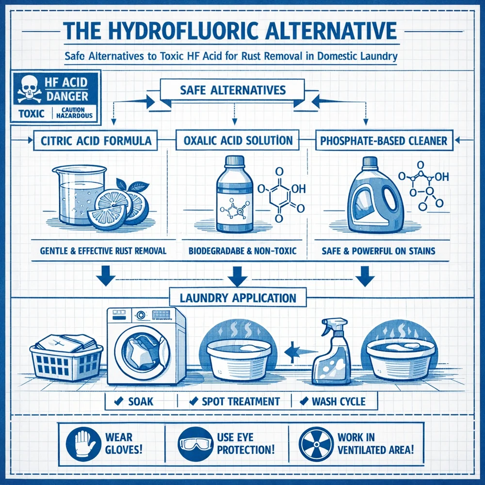 Technical diagram of 'The Hydrofluoric Alternative'. illustrates safe alternatives to toxic HF acid for rust removal in domestic laundry. Engineering blueprint style with safety markers, clinical white and blue.