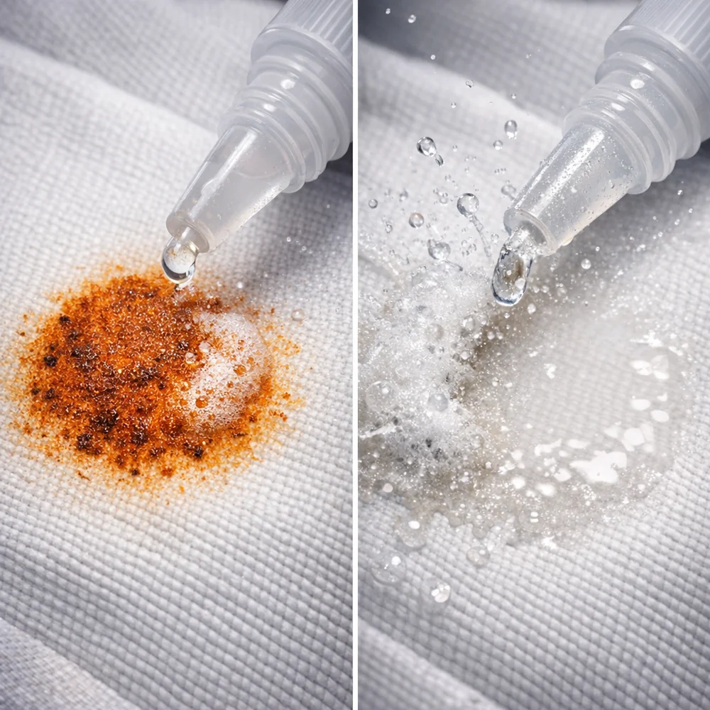 Laboratory photograph of 'Metallic Stain Rescue'. shows an orange rust spot on a white linen shirt disappearing instantly when contacted by a rust-remover. High-speed scientific capture, professional lighting, photorealistic 8k.