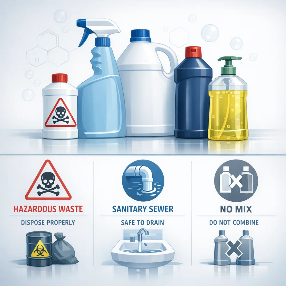 Scientific infographic style arrangement of various cleaning bottles with icons for 'Hazardous Waste', 'Sanitary Sewer', and 'No Mix'. Clinical blue/grey aesthetic, 8k.