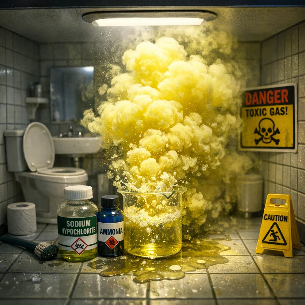 3D visualization of the reaction between Sodium Hypochlorite and Ammonia, generating yellow Chloramine gas clouds in a microscopic bathroom. Dramatic clinical lighting, cautionary tone.