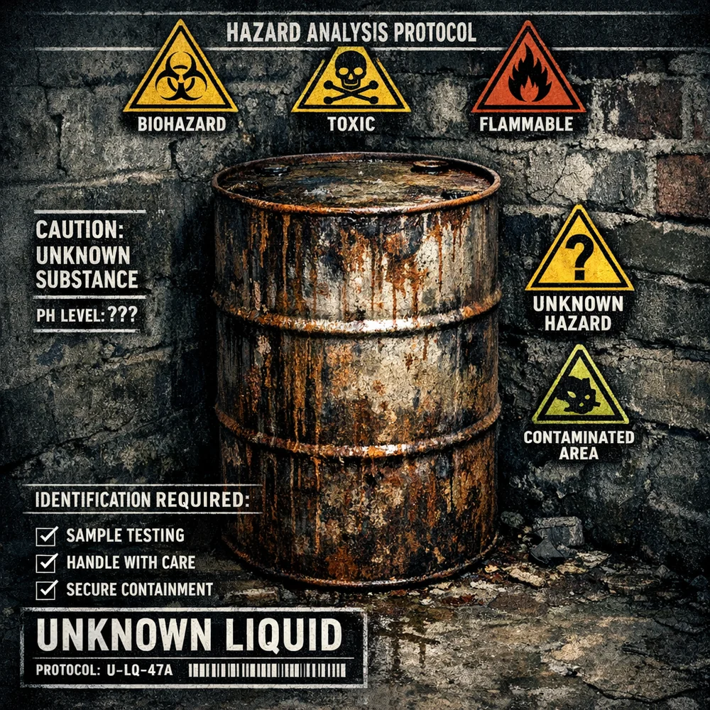 A rusted, unlabeled metal drum in a dark basement corner. Clinical overlay with hazard warning markers and 'Unknown Liquid' identification protocols. High-contrast, sharp focus.