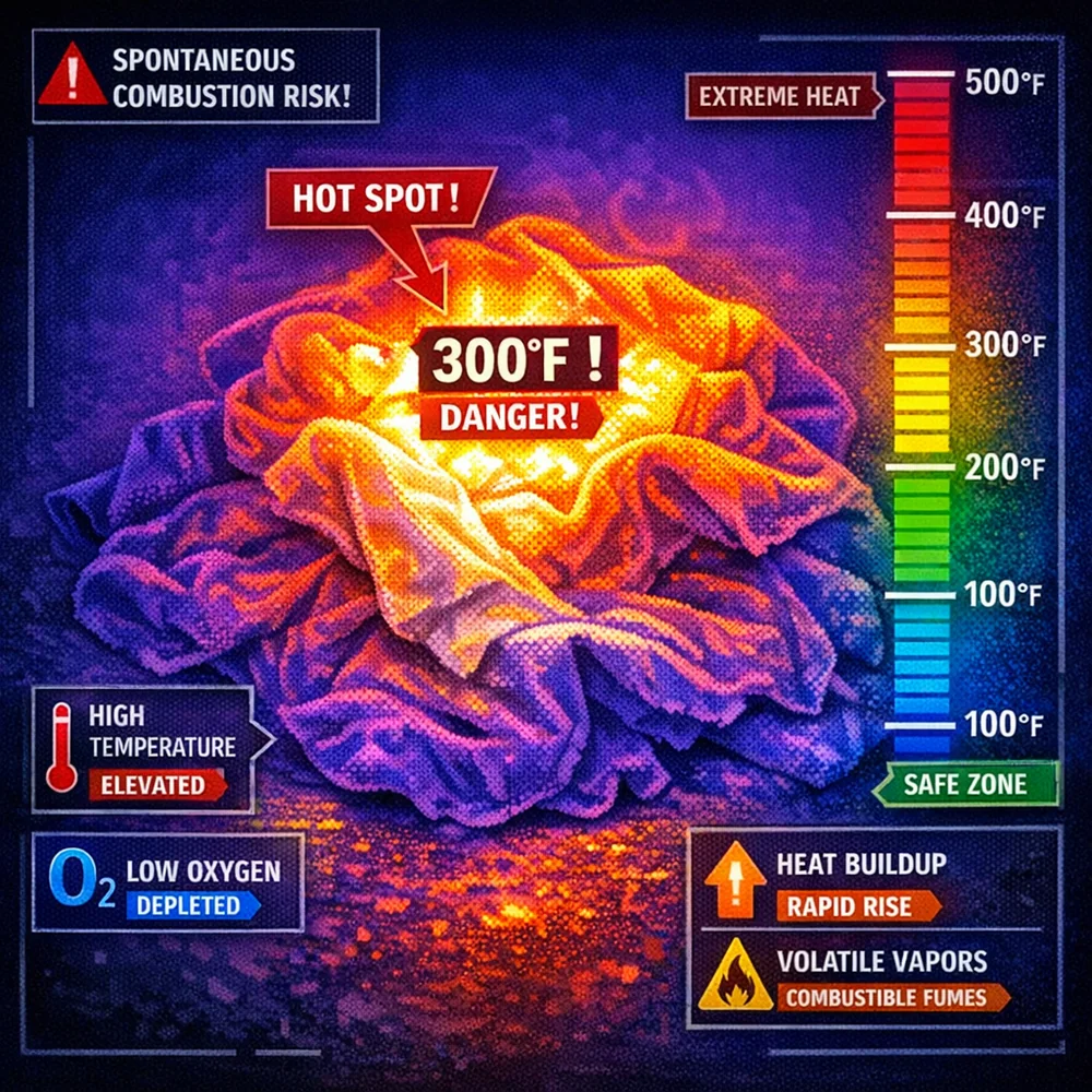 Thermal image of a piled, linseed-oil-soaked rag reaching 300 F. Highlighting spontaneous combustion risk markers. Technical engineering aesthetic, diagnostic colors.