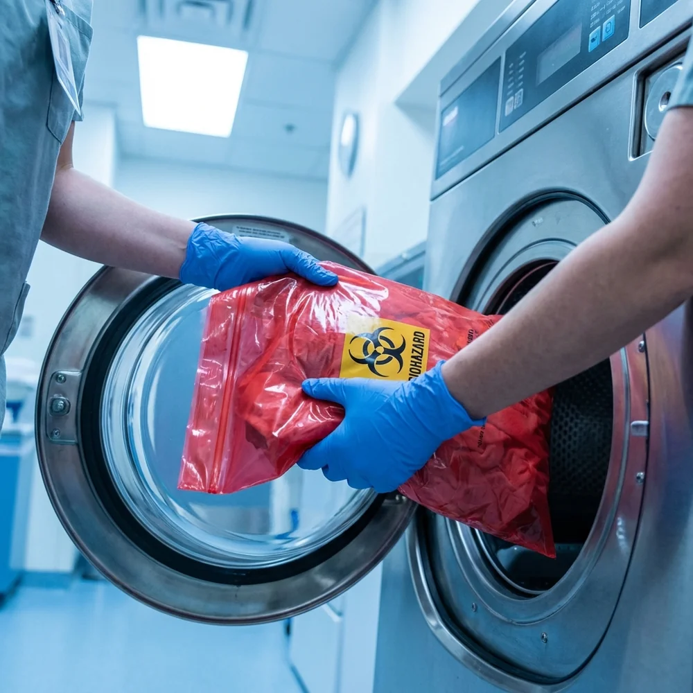 A gloved hand placing a water-soluble laundry bag containing potentially infectious linens into a washing machine.