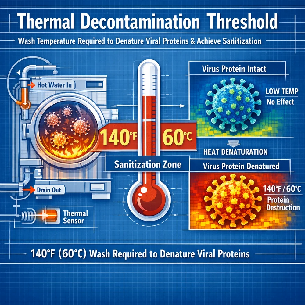 Technical diagram of 'Thermal Decontamination' threshold. illustrates the 140F (60C) wash temperature required to denature viral proteins and achieve sanitization. Engineering schematic, thermal heat maps, clinical blue background.