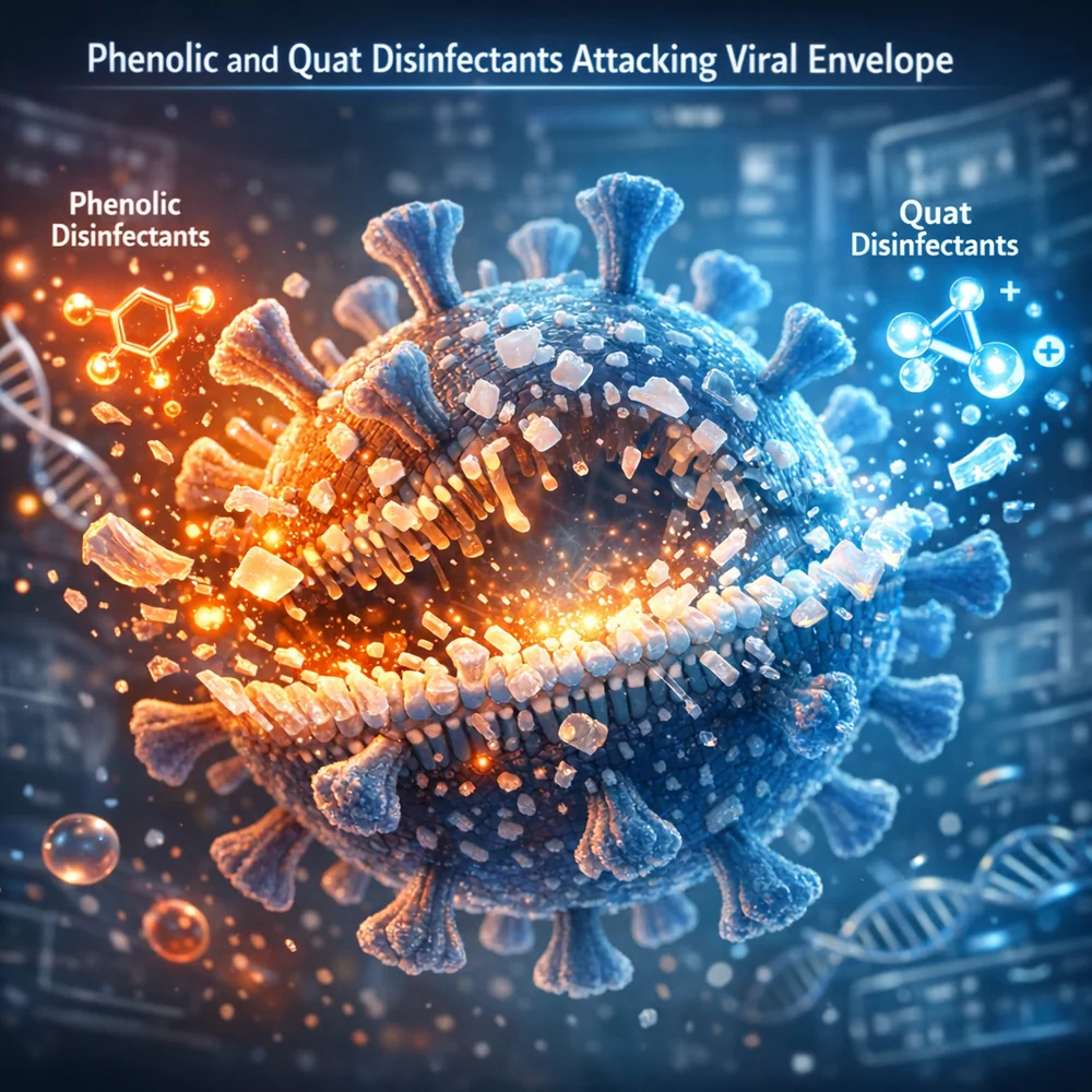Molecular visualization of 'Phenolic and Quat Disinfectants' attacking a viral envelope. shows the disruption of the protector lipid layer. High-tech medical animation style, glowing chemical particles, clean lab aesthetic.