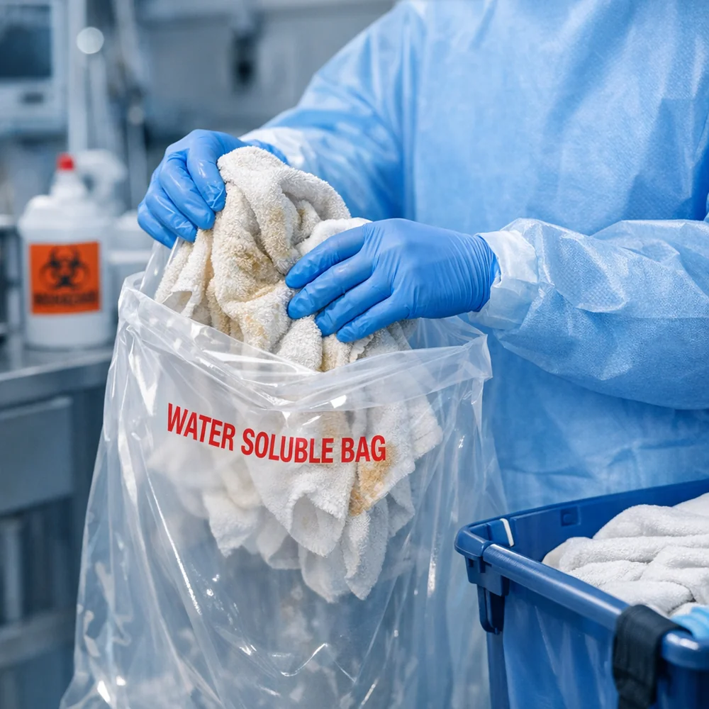 Professional setup of 'Safe Contamination Handling'. features a person in nitrile gloves placing soiled sick-room linens into a water-soluble laundry bag. High-tech medical photography, 8k resolution.