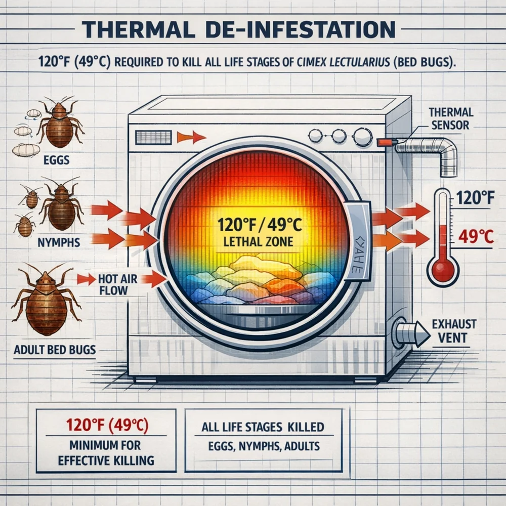 Technical diagram of 'Thermal De-infestation'. Illustrates the 120F (49C) threshold required to kill all life stages of Cimex lectularius (Bed Bugs) in a dryer. Engineering schematic style, thermal heat maps, authoritative tone.