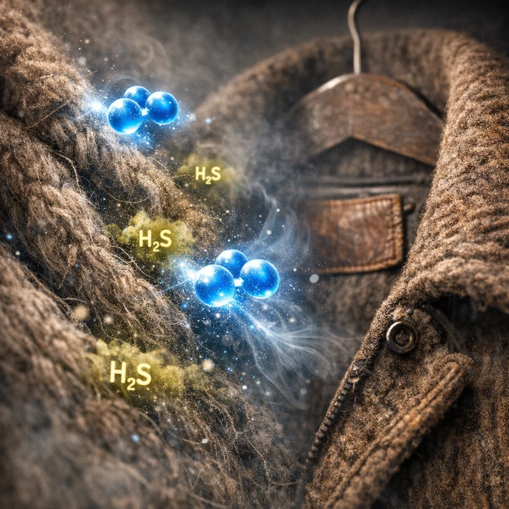 Visual representation of 'Ozone Sanitization' (O3). shows ozone gas molecules penetrating deep into the fibers of a vintage coat to neutralize sulfurous 'thrift store' odors. technical optics visualization, glowing particles, photorealistic.