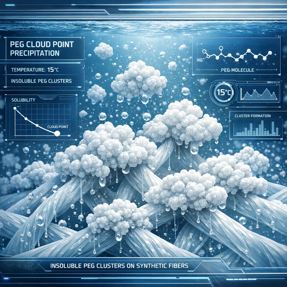 3D render of Polyethylene Glycol (PEG) molecules in cold water (15°C) forming insoluble clusters and settling onto synthetic fibers. Visual representation of 'cloud point' precipitation. High-tech interface style, clinical blue aesthetic.