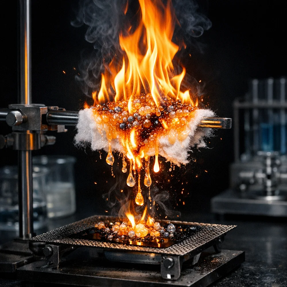 High-speed laboratory photography of a flammability test. A cotton swatch with heavy scent-bead residue igniting. Visual representation of the waxy residue acting as fuel. Professional scientific setup, dark background, clinical lighting.