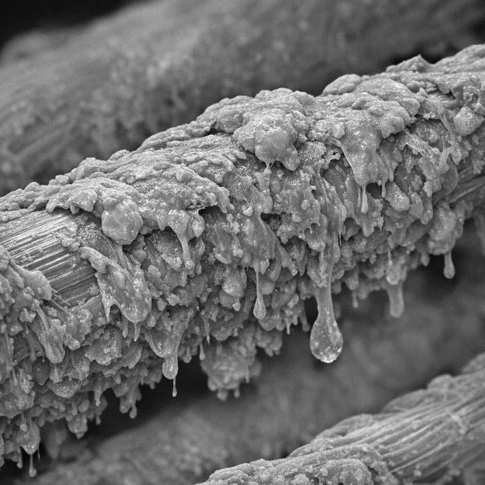 Scanning electron microscope (SEM) of a polyester fiber covered in a thick, layered 'wax' of scent carriers and fabric softeners. The buildup appears textured and sticky. Monochrome scientific aesthetic, 8k resolution, sharp focus.